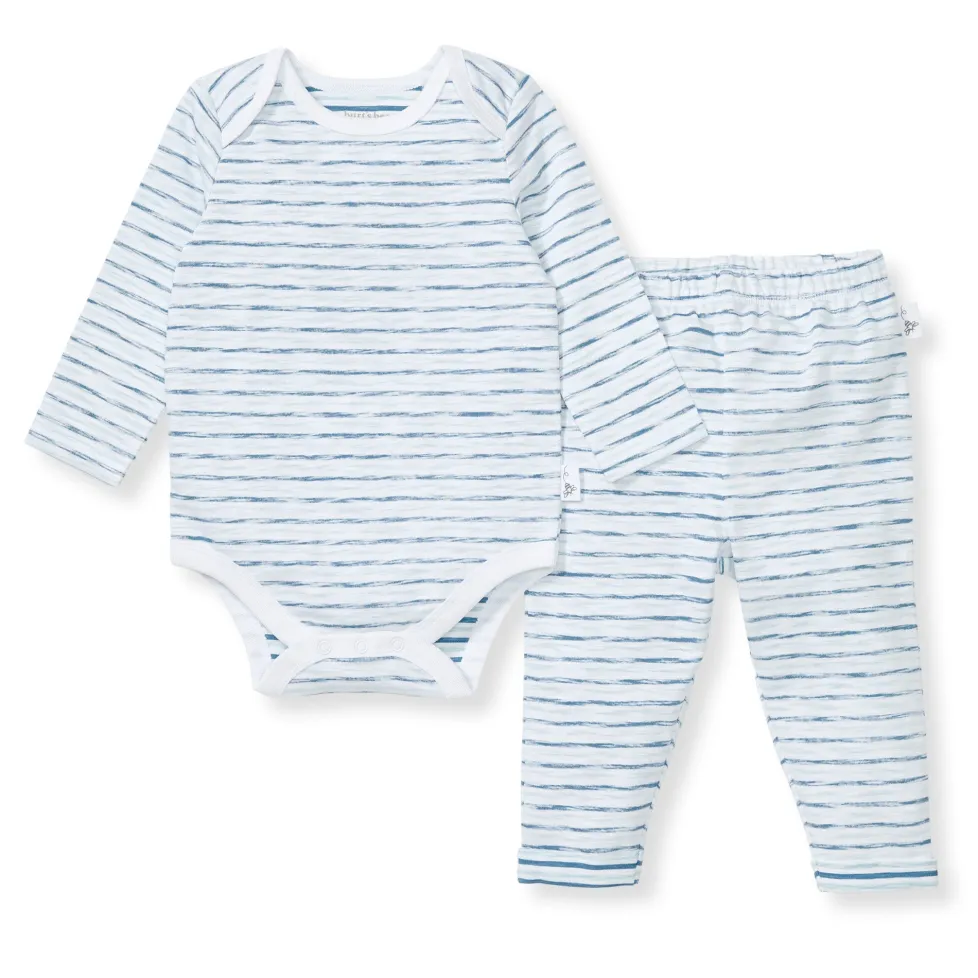 Burt's Bees Organic Baby Bodysuit Set Blue Slub Stripe