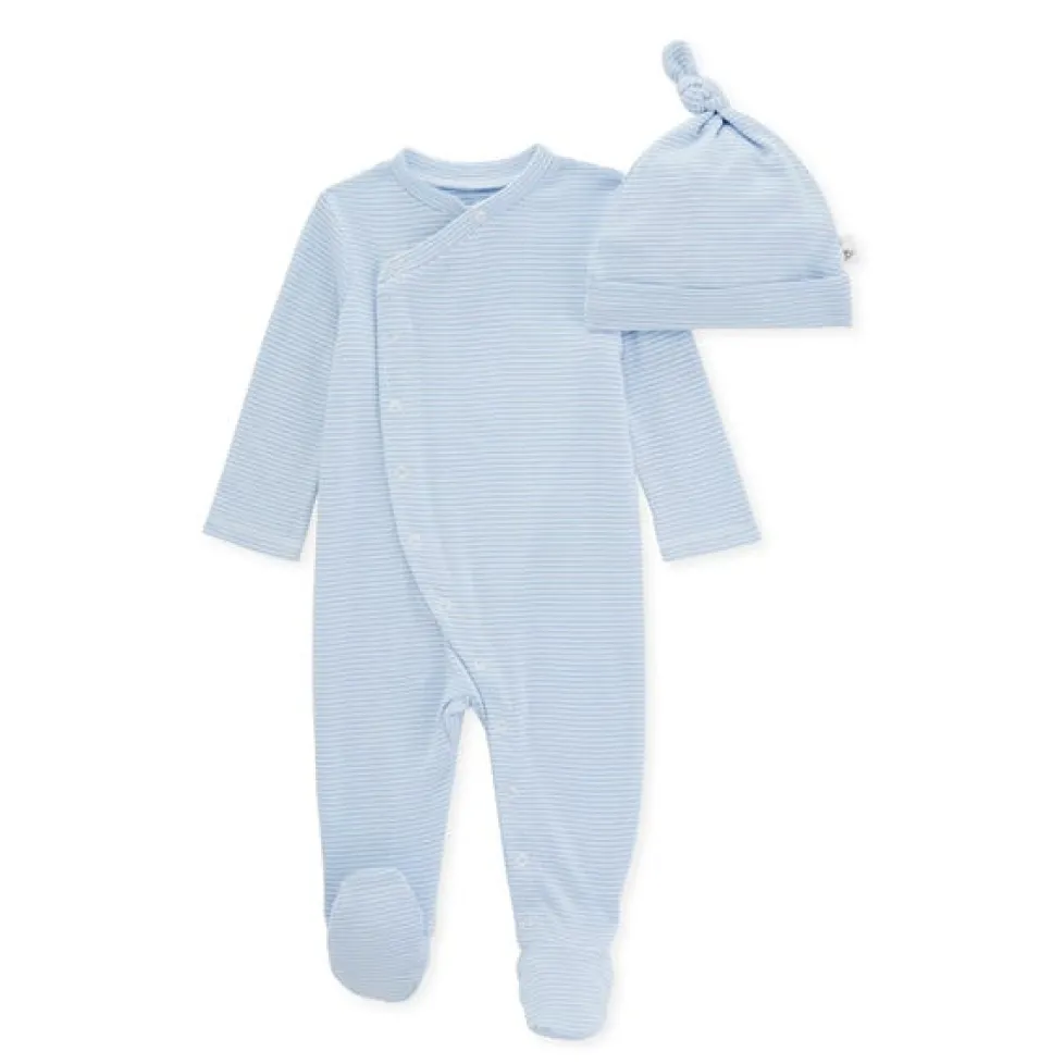 Burt's Bees Organic Baby Micro Stripe Jumpsuit & Knot Top Hat Set Blizzard