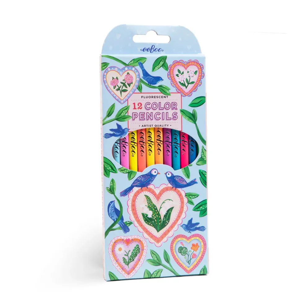 eeBoo Fluorscent Color Pencils 12 Hearts & Birds